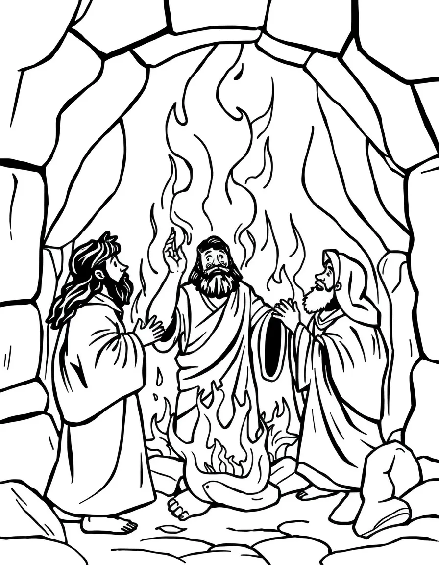 Shadrach, Meshach, and Abednego in the fiery furnace, unharmed.