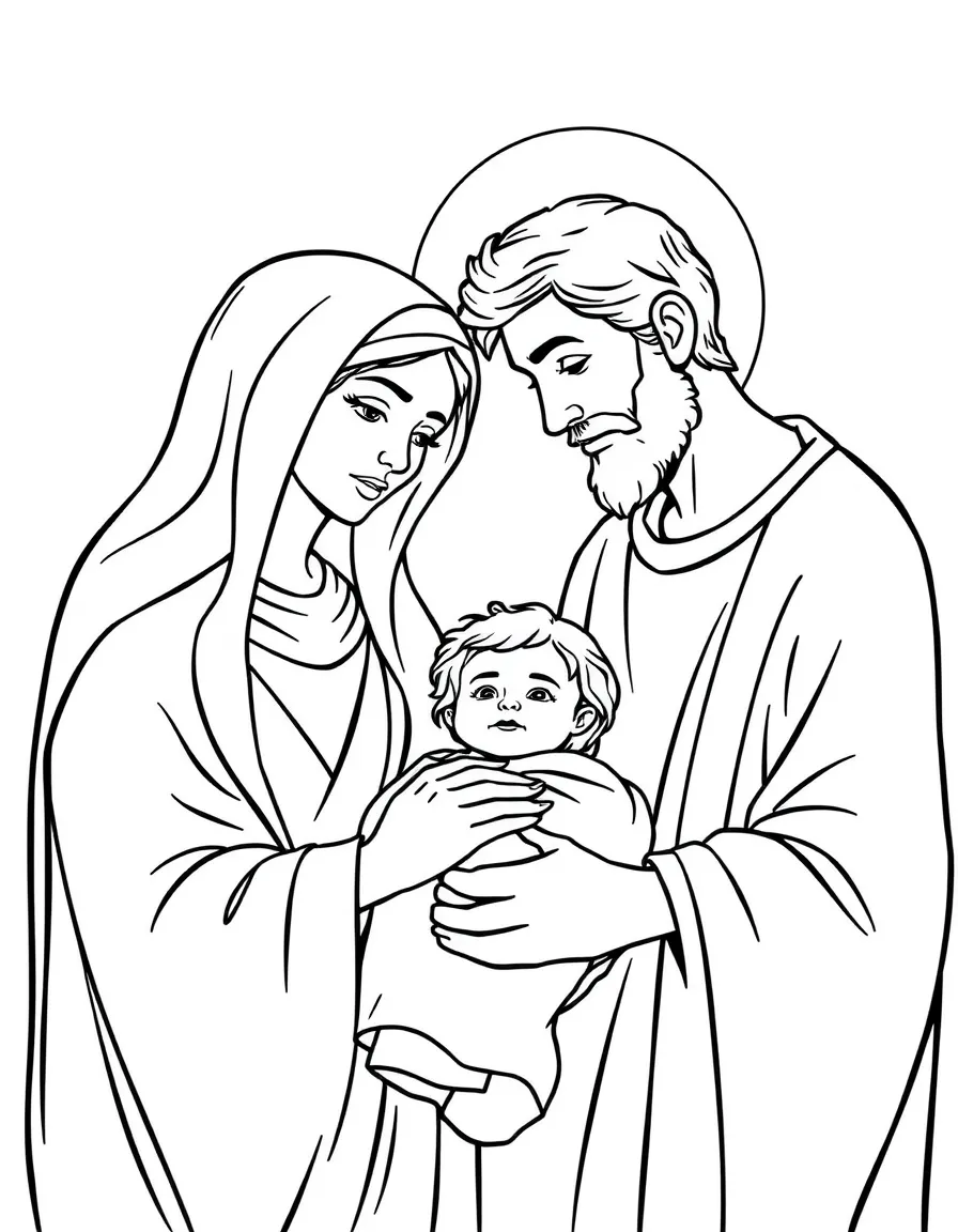 Mary and Joseph with baby Jesus, looking lovingly at him.