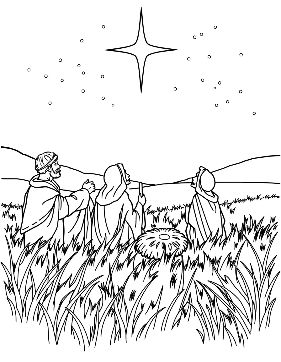 Shepherds in the field, looking up at a bright star.