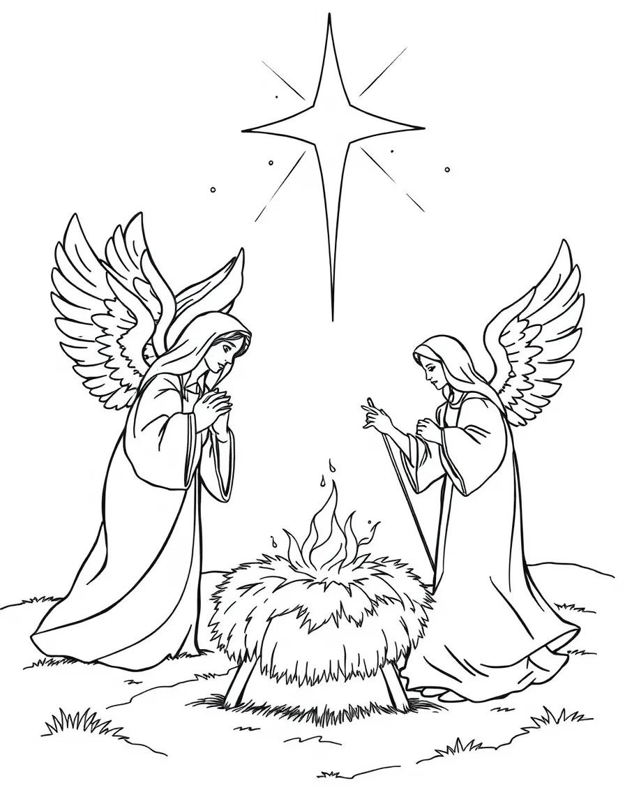 Angels appearing to the shepherds, with shining wings.