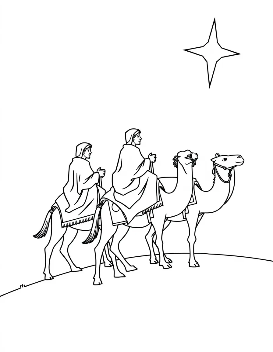 Three wise men riding camels, following a star.