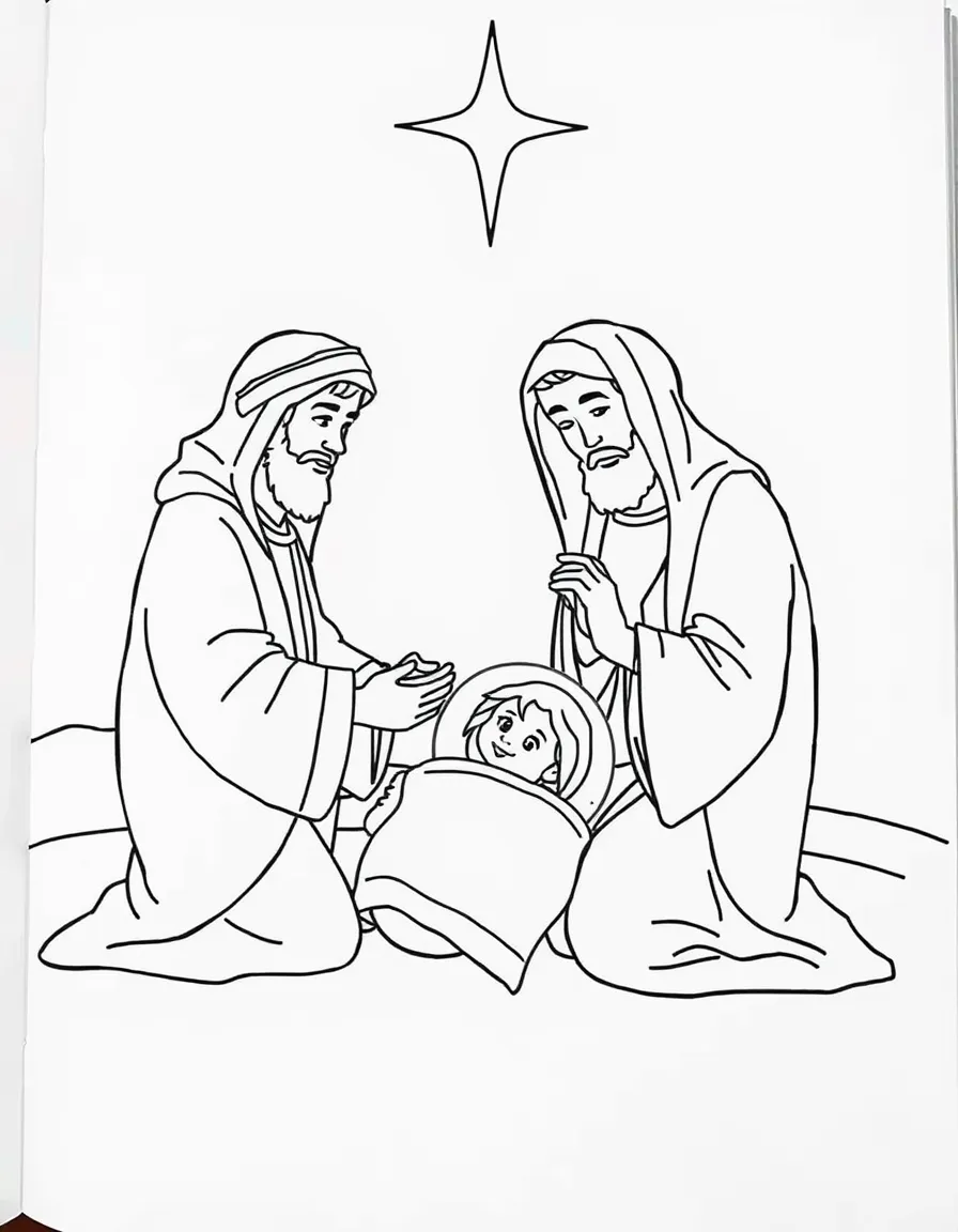 The wise men offering gifts to baby Jesus, kneeling.