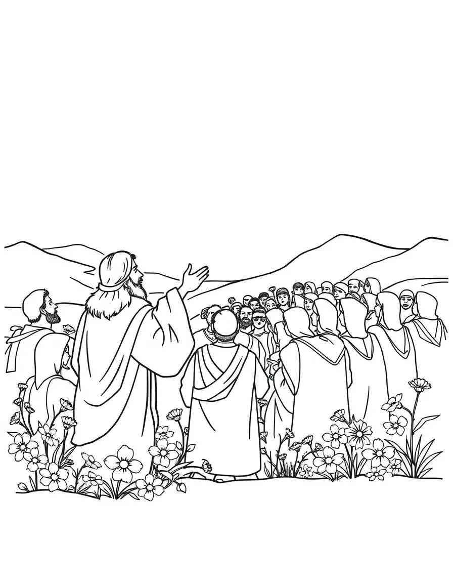 Jesus teaching a crowd on a hillside, with flowers around them.