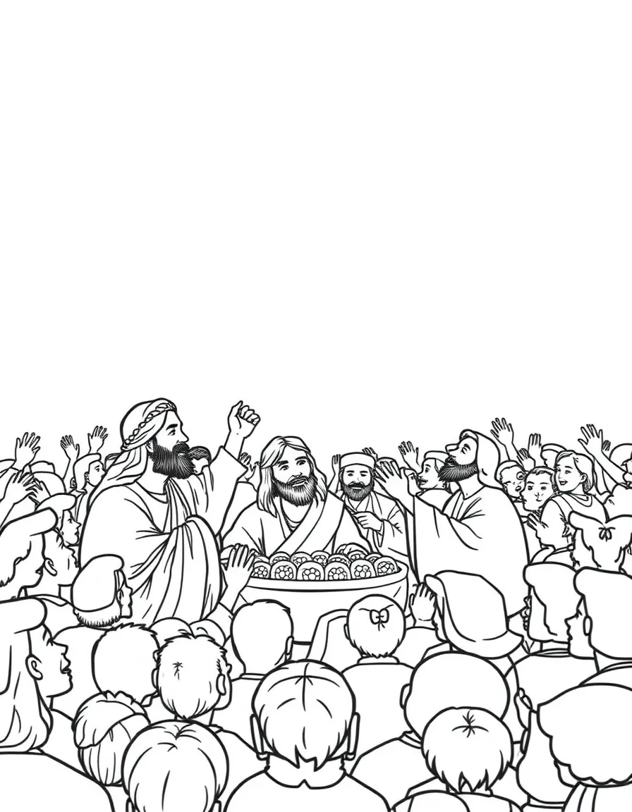 Jesus feeding five thousand, with a happy crowd.