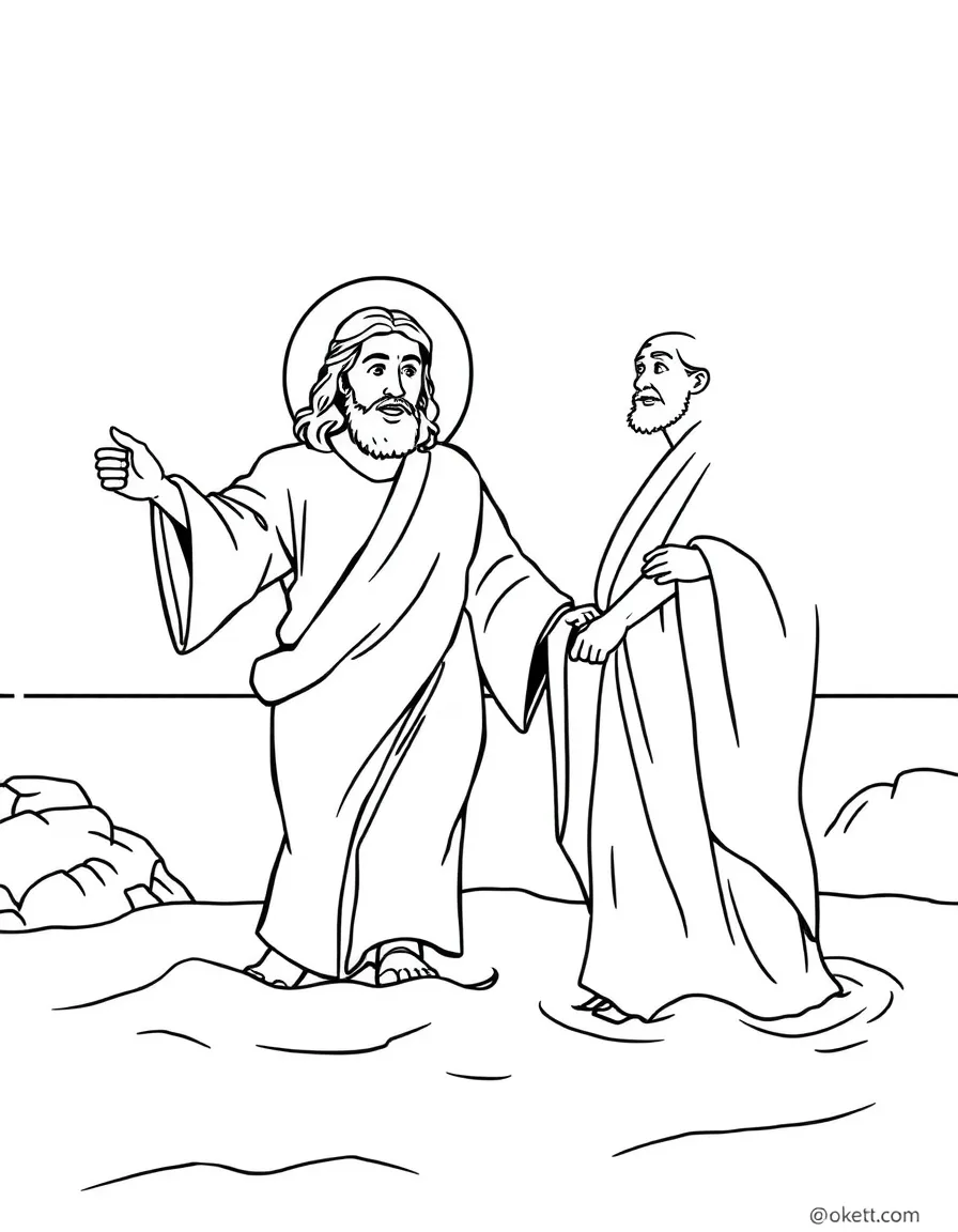 Jesus walking on water, with Peter looking amazed.
