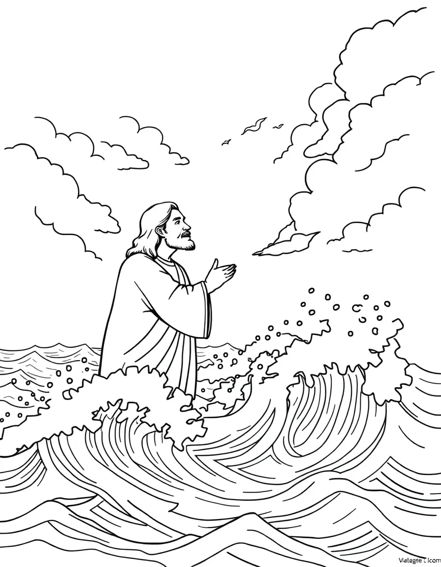 Jesus calming a stormy sea, with calm waves.