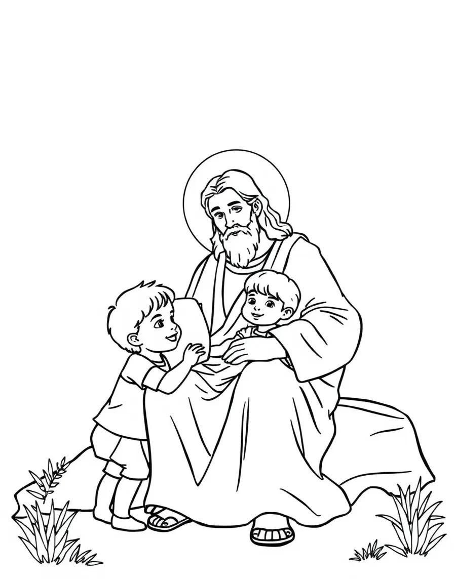 Jesus welcoming little children, with them sitting on his lap.