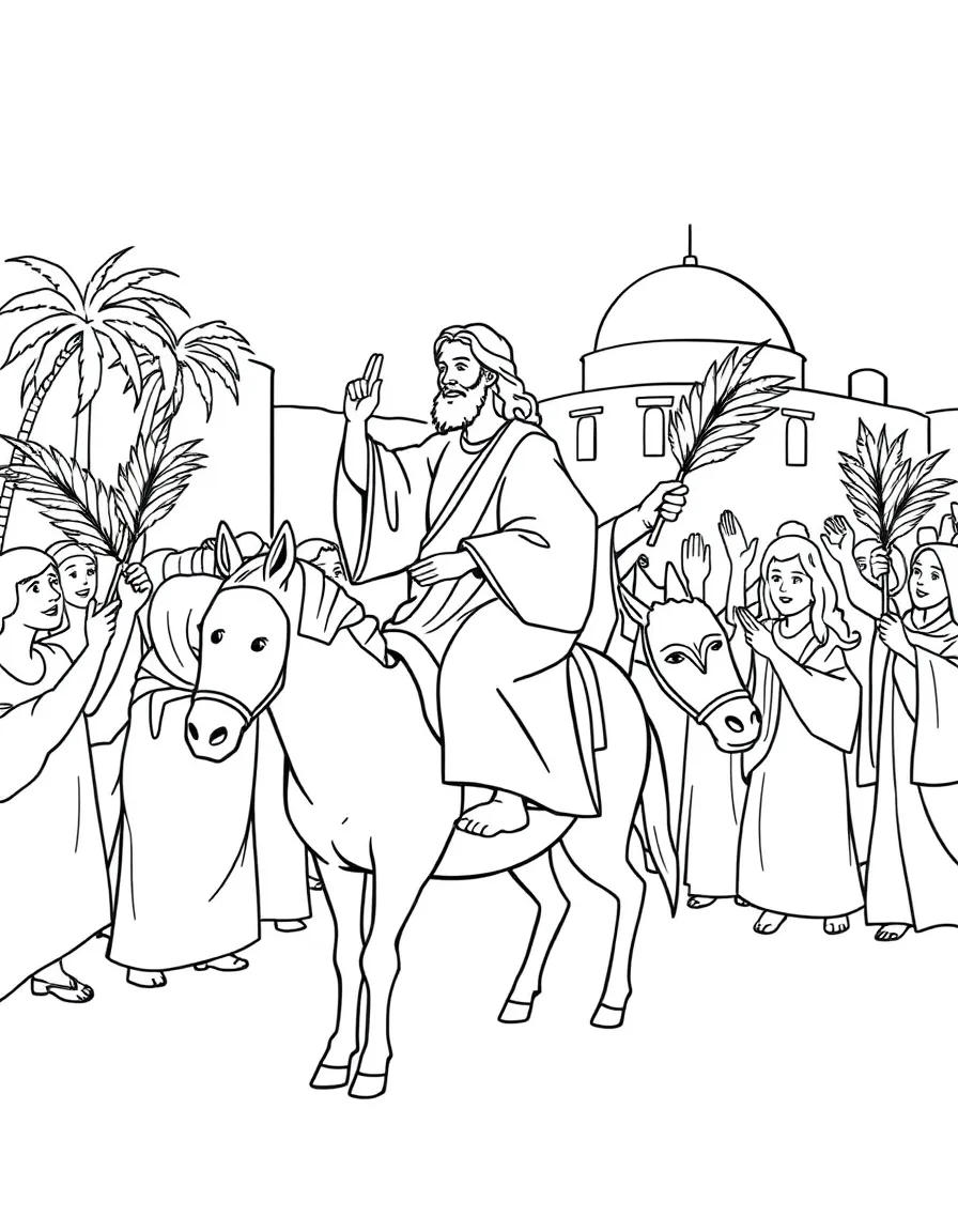 Jesus riding into Jerusalem on a donkey, with people waving palm branches.