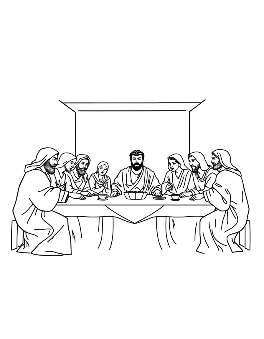 The Last Supper, with Jesus and his disciples at a table.