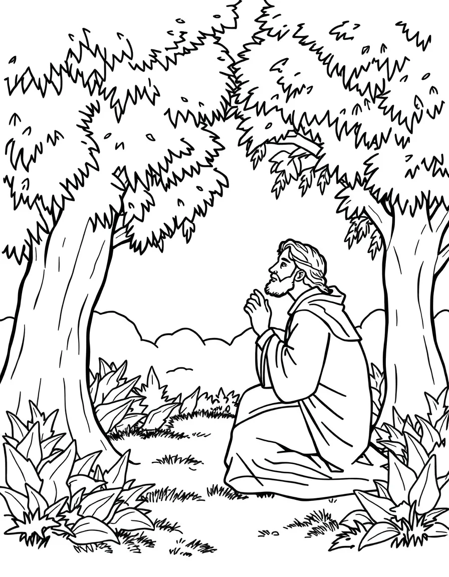 Jesus praying in the Garden of Gethsemane, with trees around him.