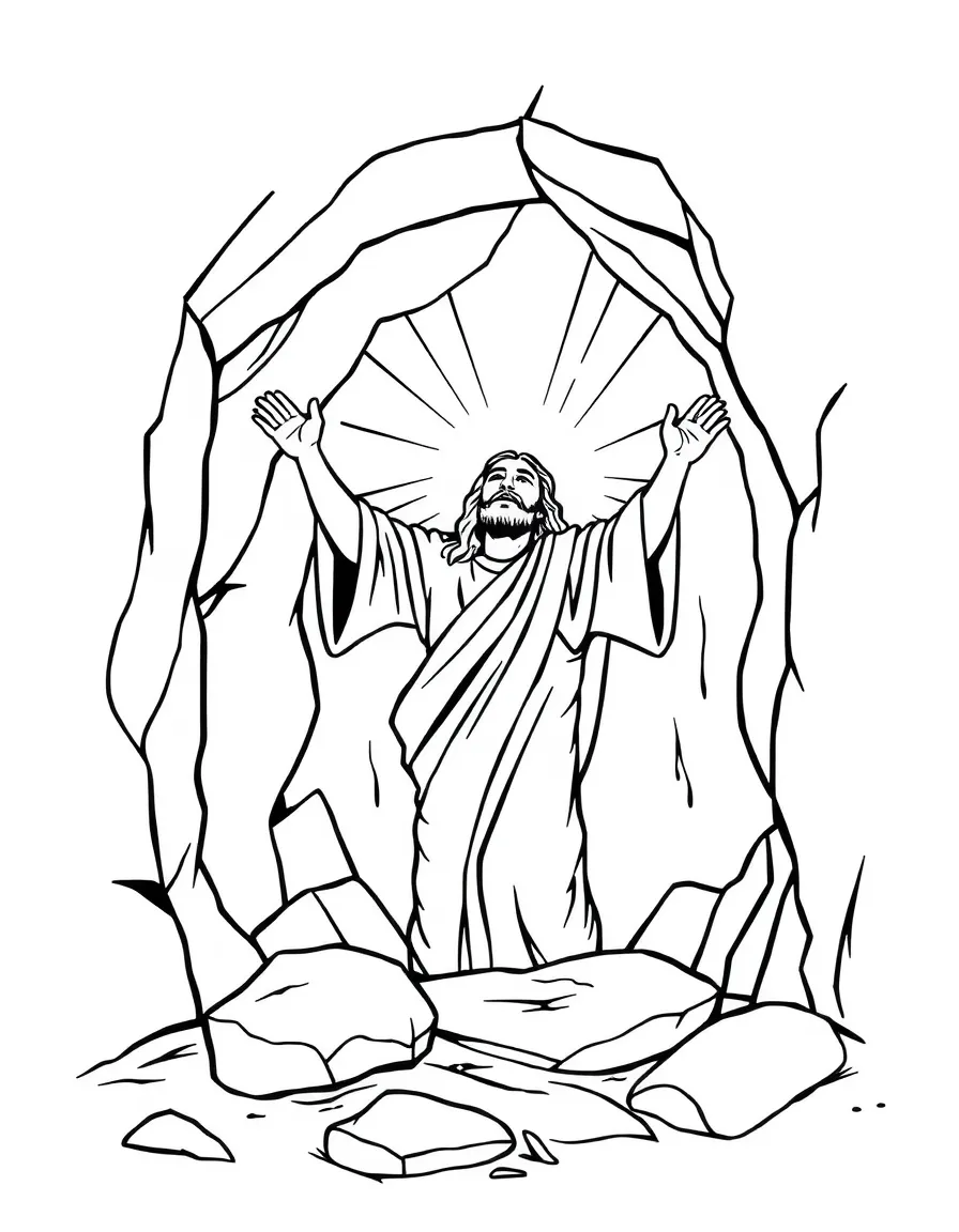 Jesus rising from the tomb, with light shining.