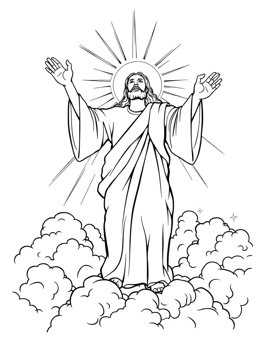 Jesus ascending into heaven, with clouds around him.