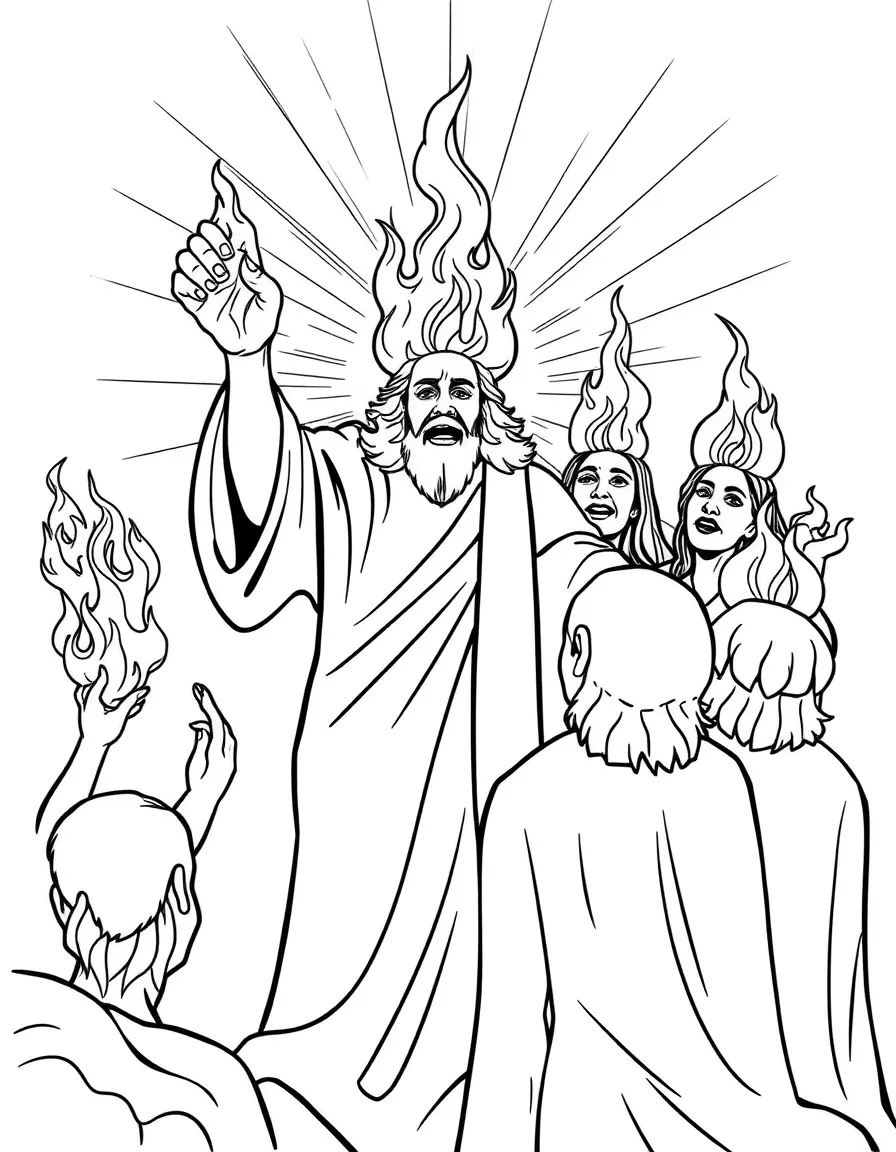 The Holy Spirit at Pentecost, with flames on heads.