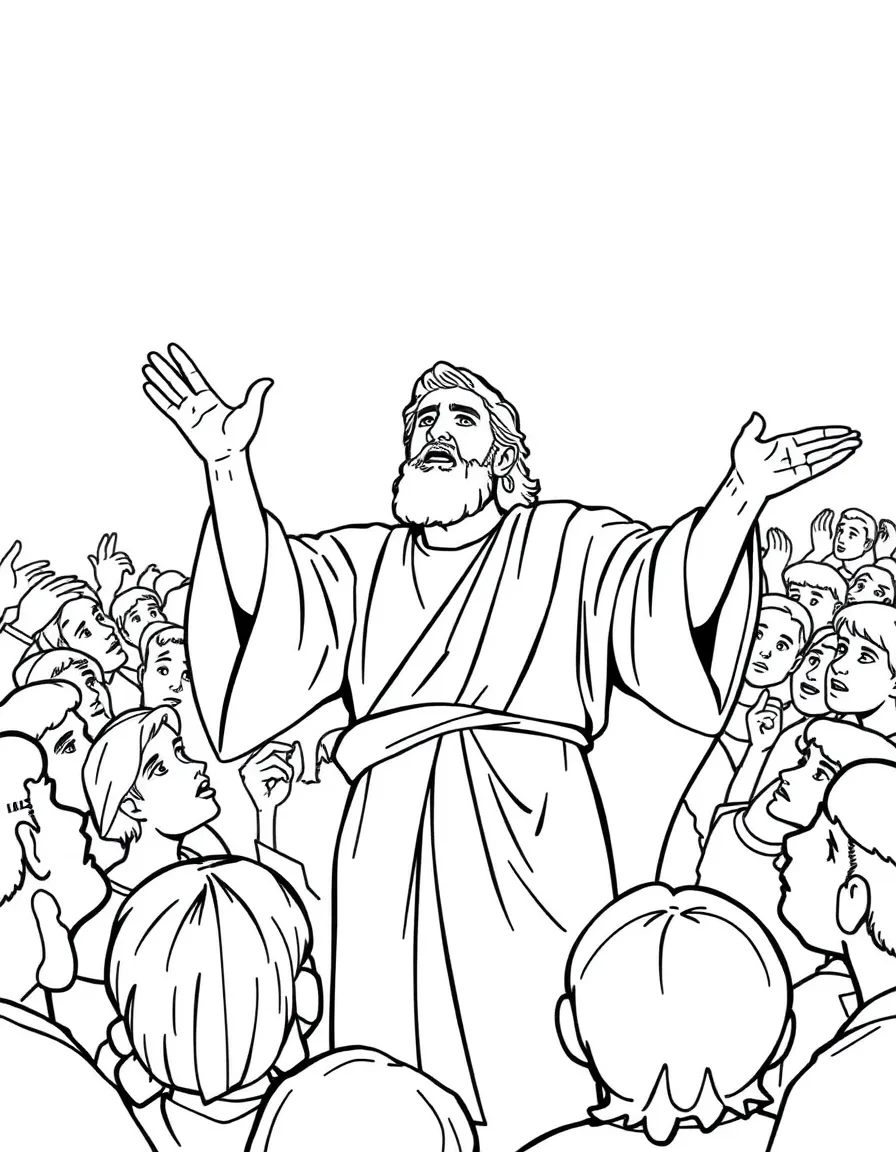 Peter preaching to a crowd, with hands raised.