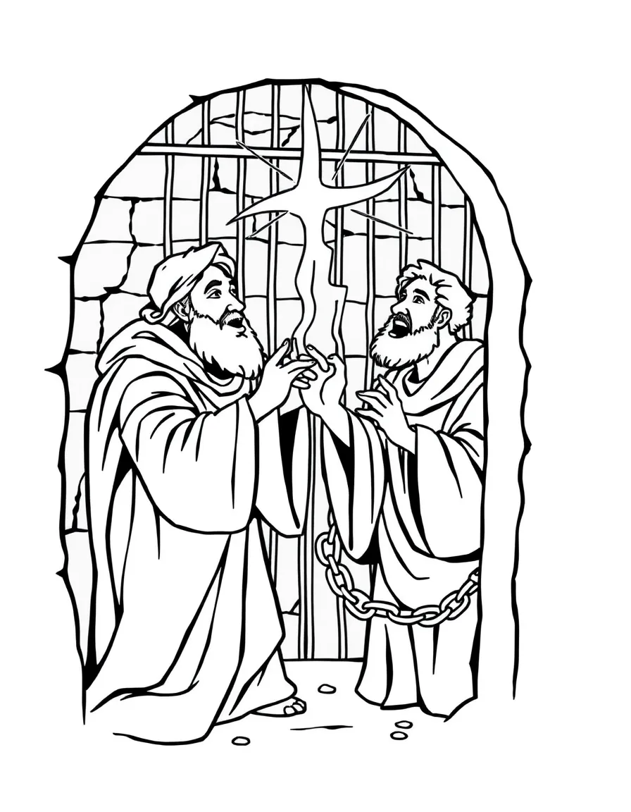 Paul and Silas singing in prison, with chains breaking.