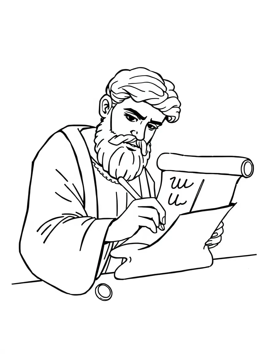 Paul writing letters, with a scroll.