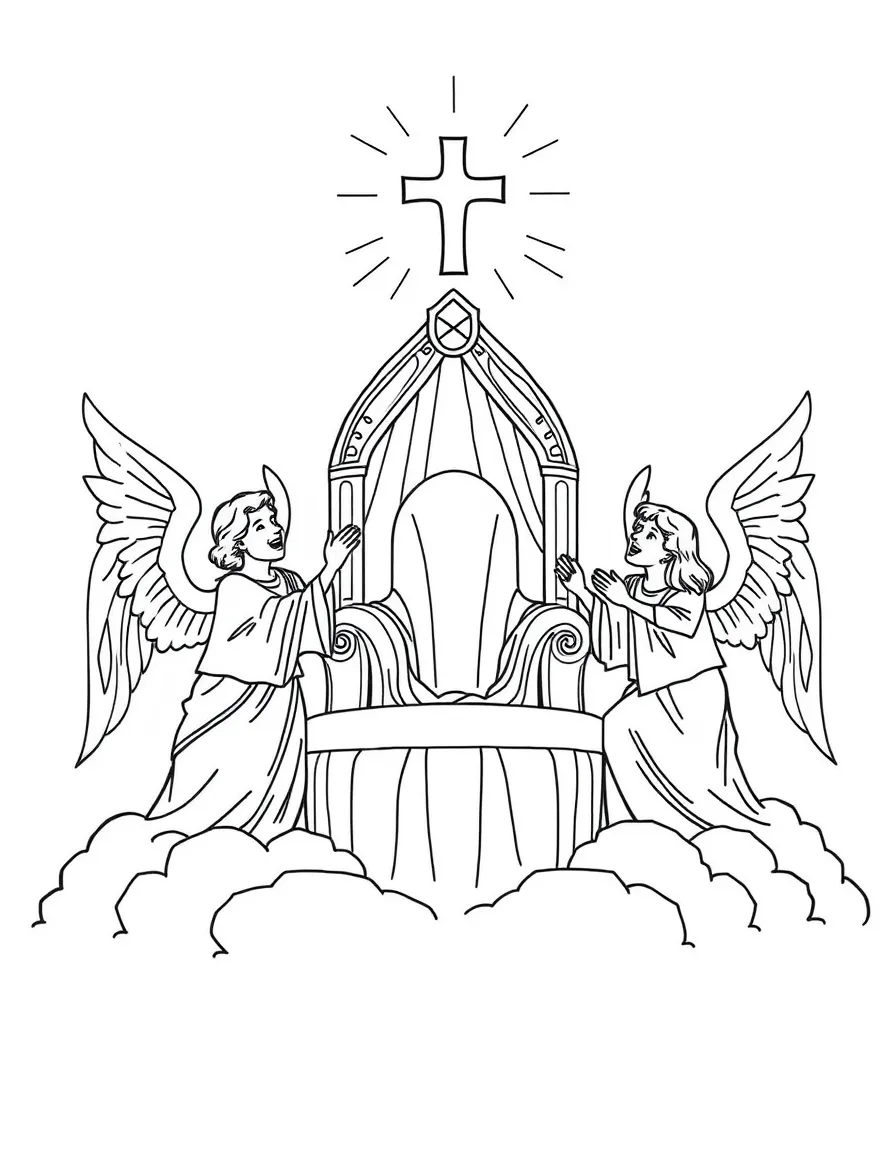 Angels praising God around a throne.