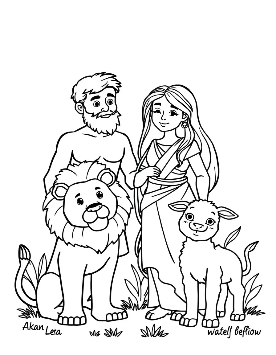 Adam and Eve with friendly animals, a lion, and a lamb.