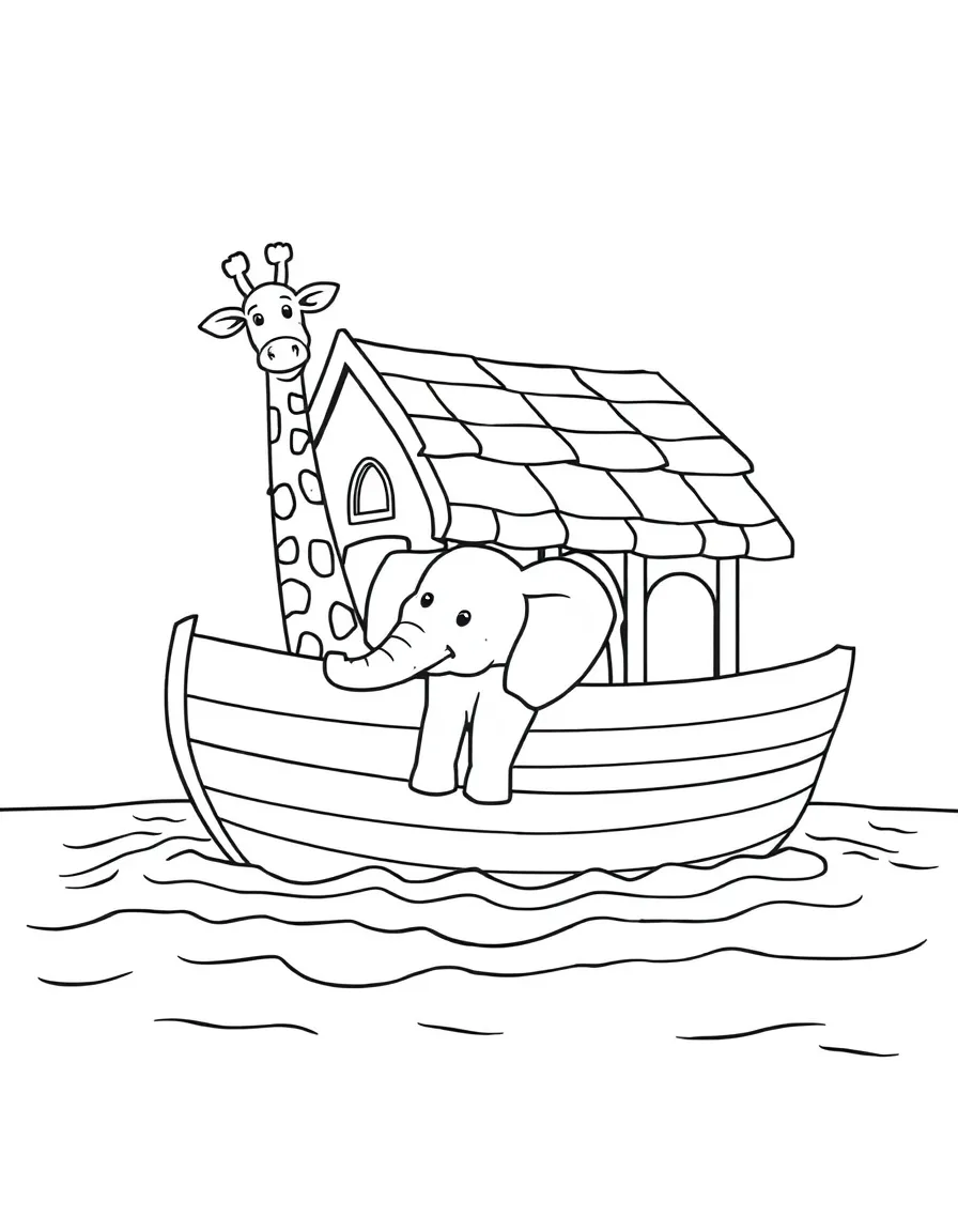 Noah's ark on the water, with a happy giraffe and elephant.