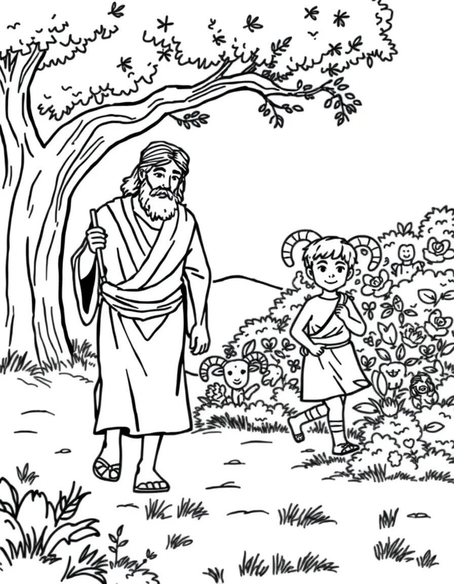 Abraham and Isaac walking, with a happy ram in the bushes.