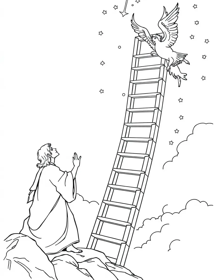 Jacob dreaming of a ladder, with angels going up and down.