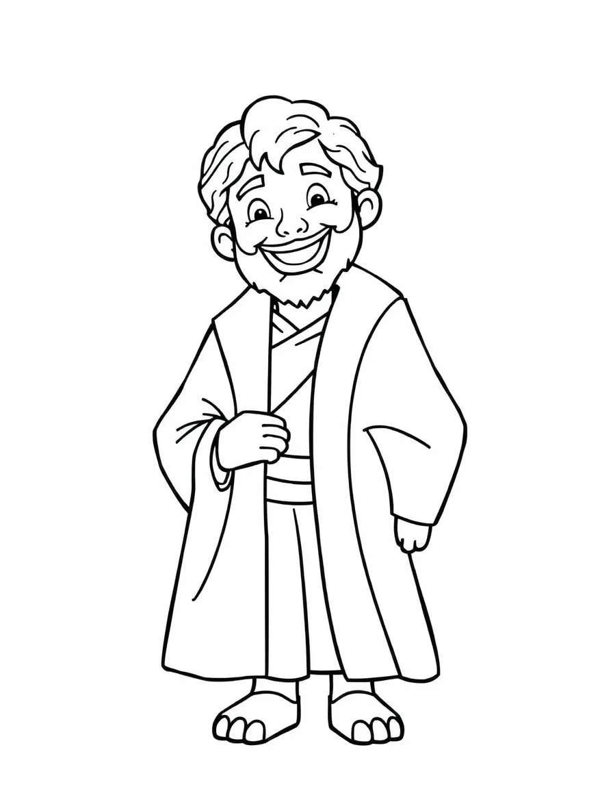 Joseph in his coat of many colors, smiling brightly.