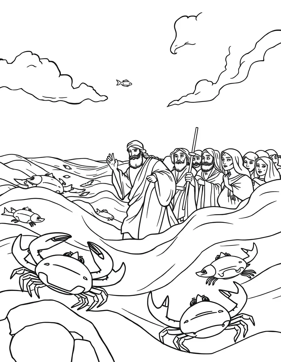 Moses leading the Israelites through the Red Sea, with fish and crabs.