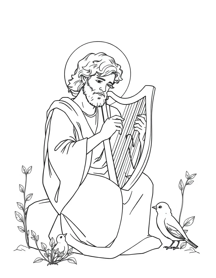 David playing his harp, with little birds listening.