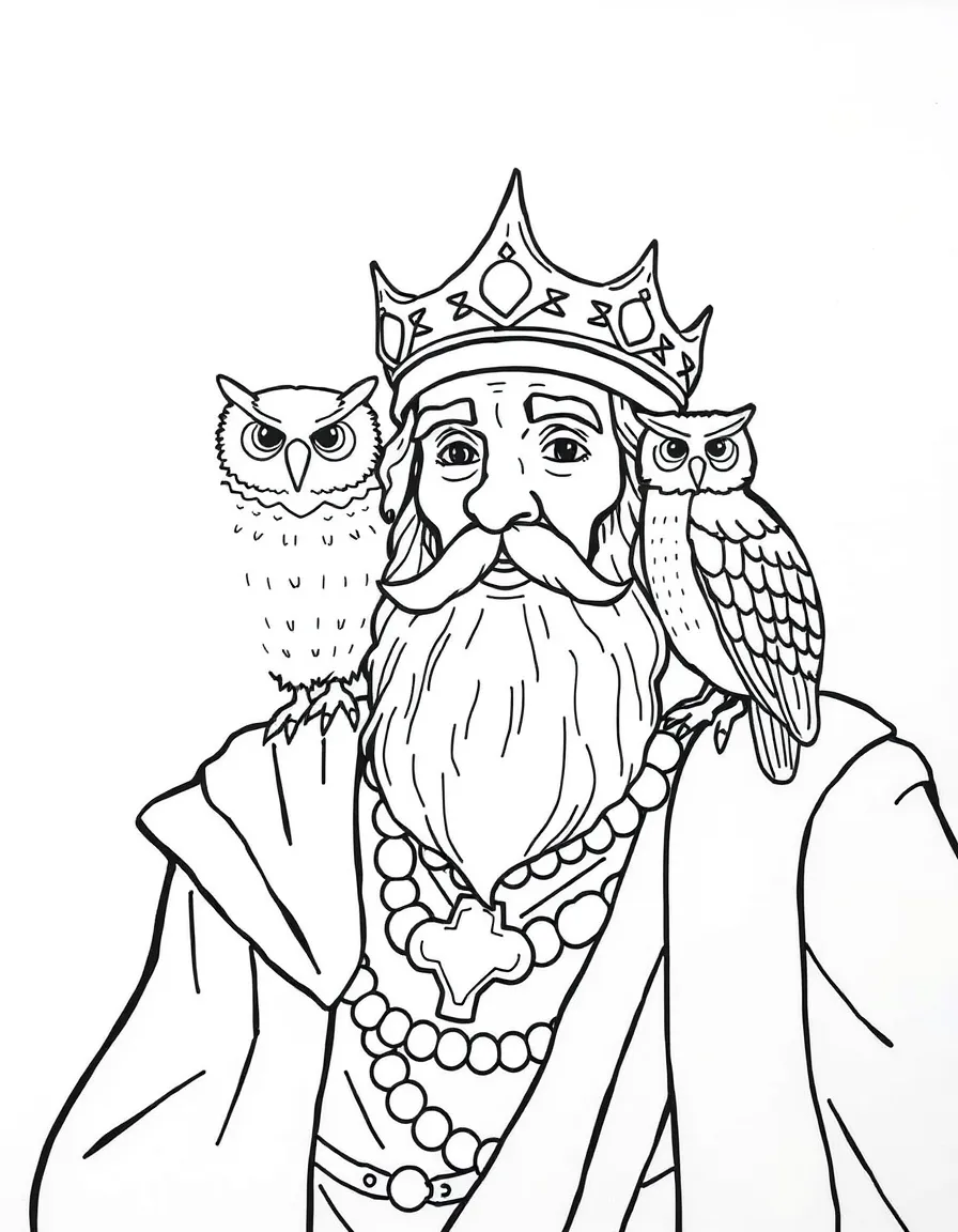 King Solomon looking wise, with a wise owl on his shoulder.