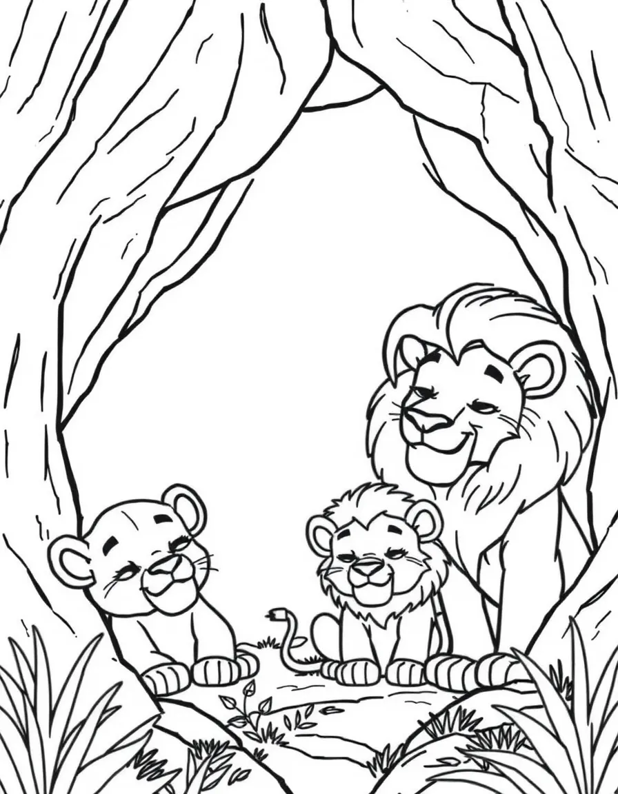 Daniel in the lion's den, with sleepy, friendly lions.