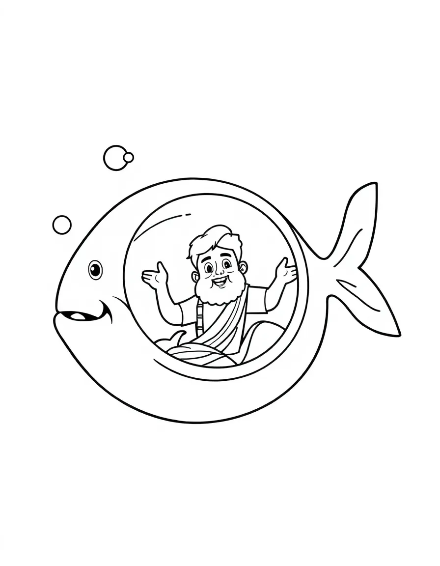 Jonah inside the big fish, with bubbles around him.