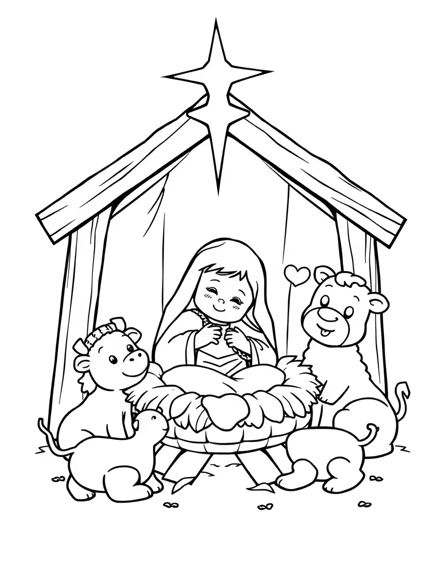Baby Jesus in the manger, surrounded by happy animals.