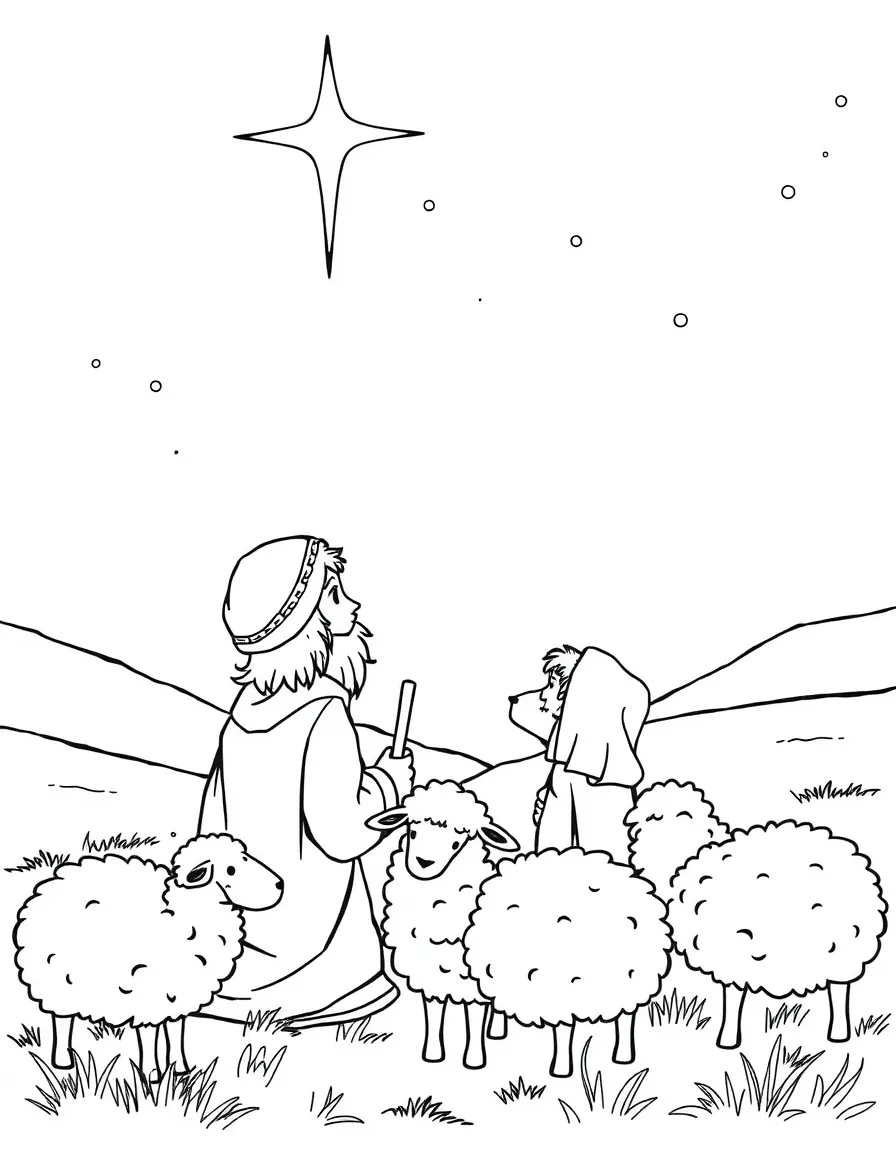 Shepherds looking at the star, with their fluffy sheep.