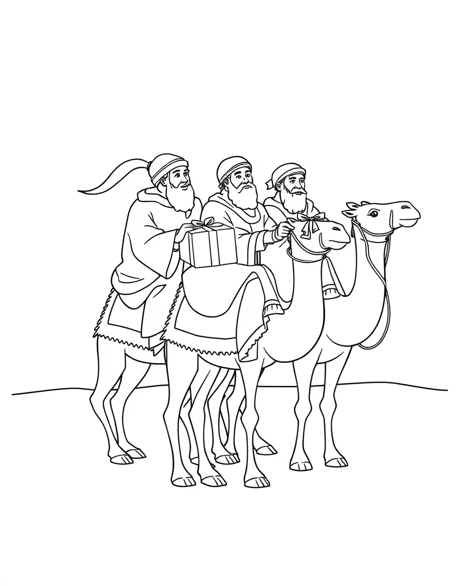 Wise men on camels, with presents wrapped with ribbons.