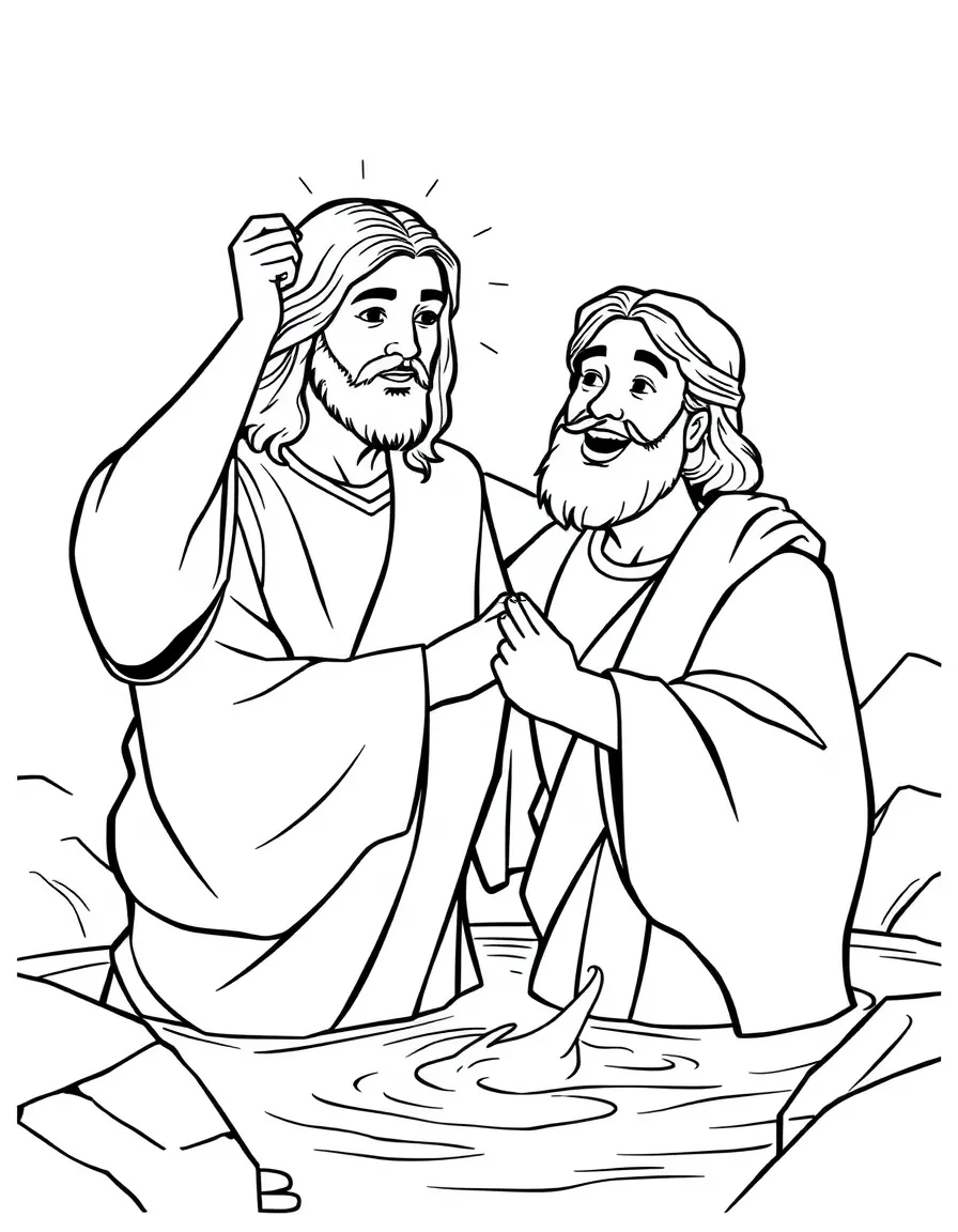 Jesus being baptized, with a happy John the Baptist.