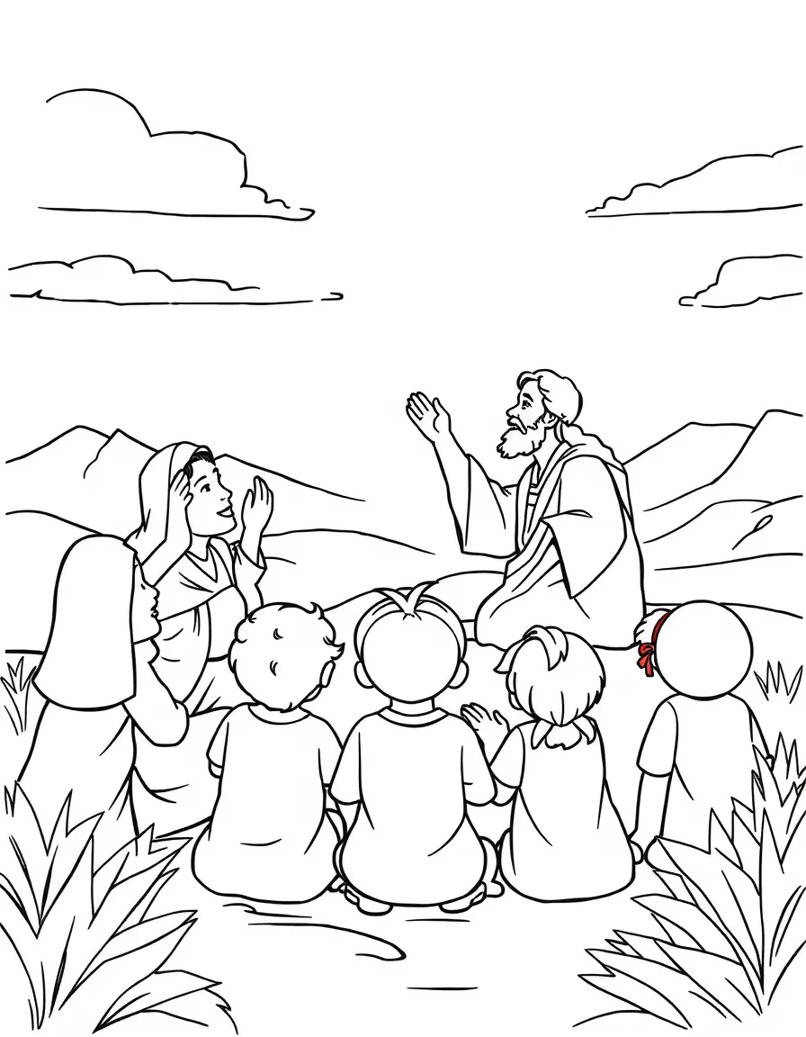 Jesus teaching on the mount, with happy children listening.