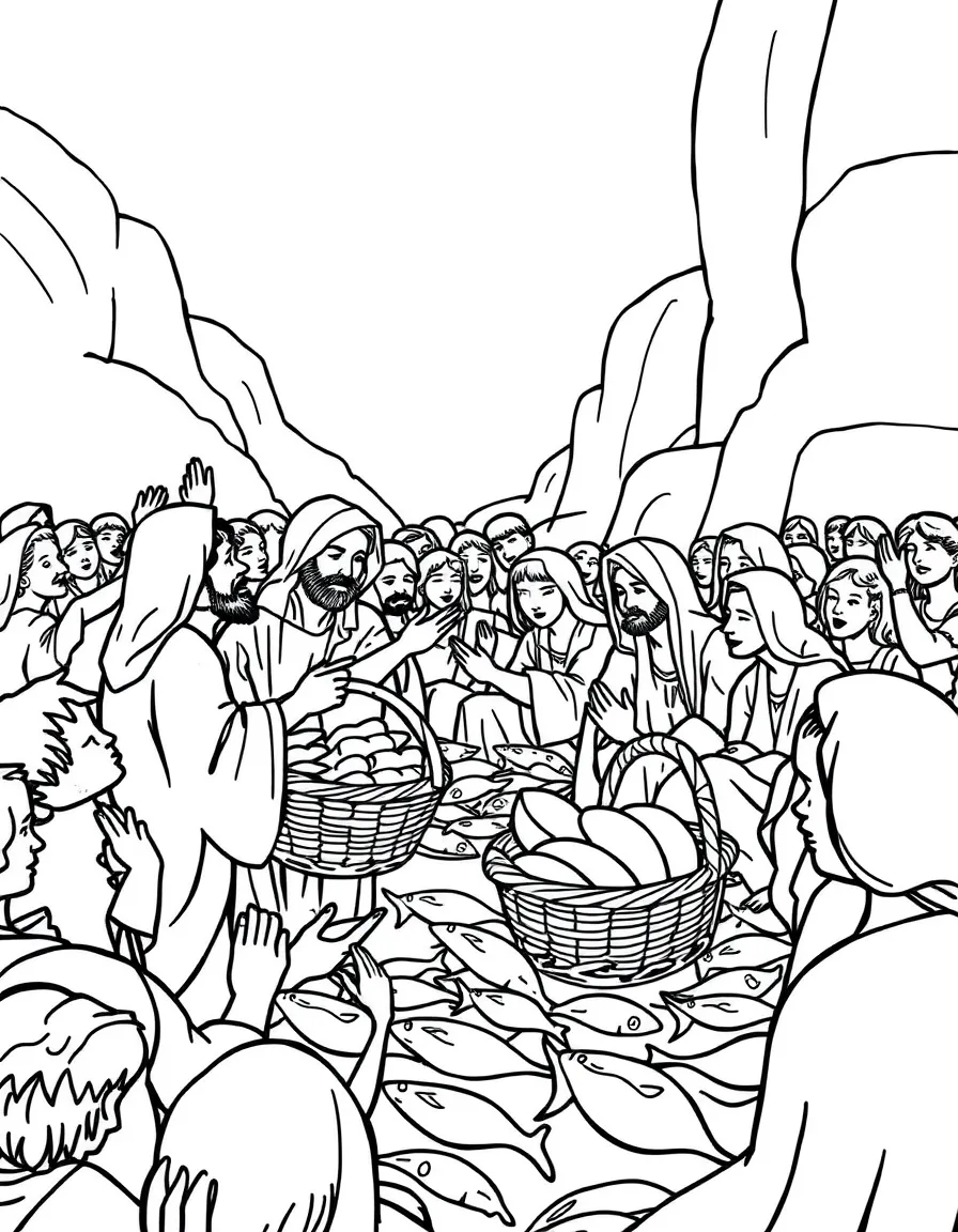 Jesus feeding thousands, with baskets of bread and fish.