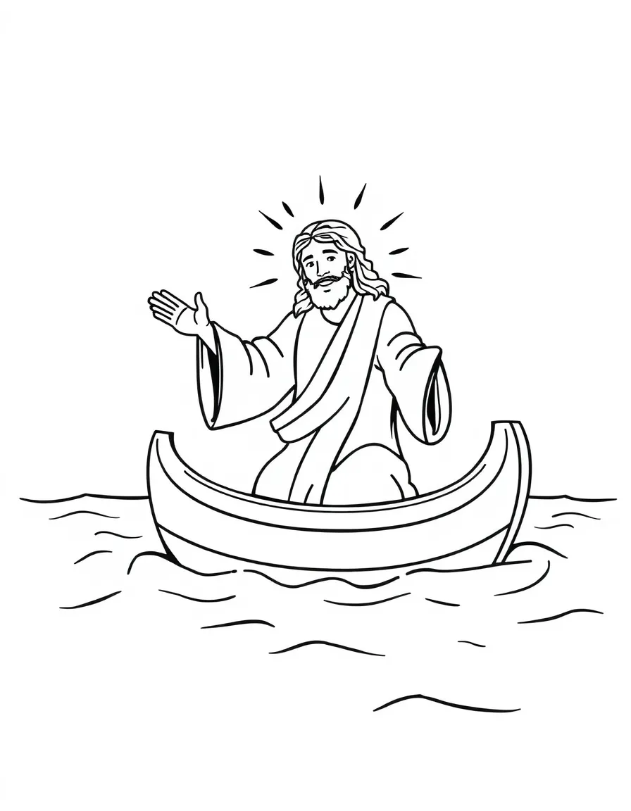 Jesus calming the storm, with a calm sea and happy boat.