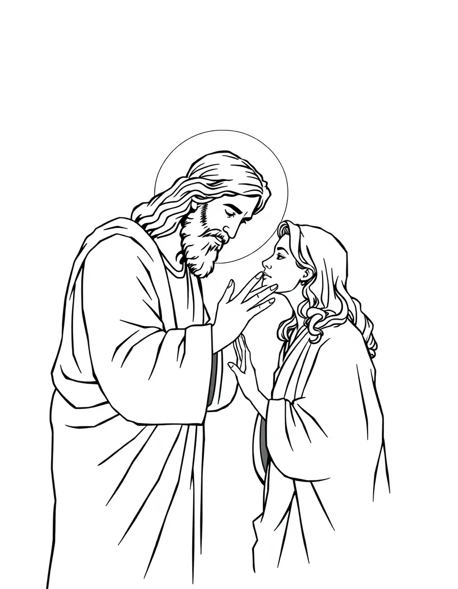 Jesus healing a person, with bright light from his touch.