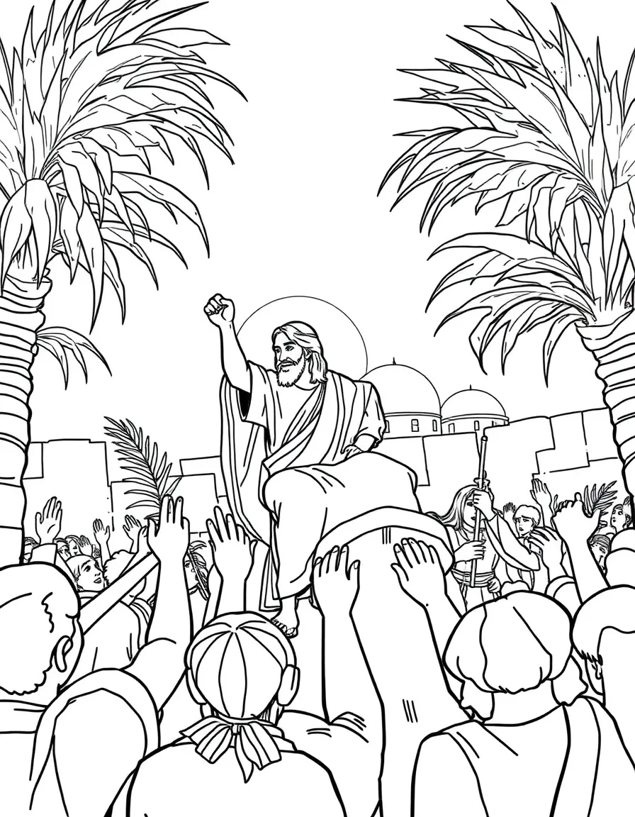Jesus riding into Jerusalem, with people waving palm branches high.