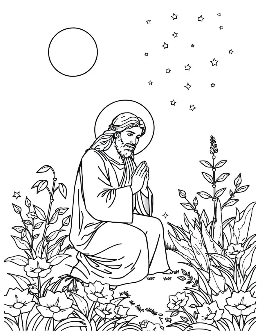 Jesus praying in the garden, with moon and stars.