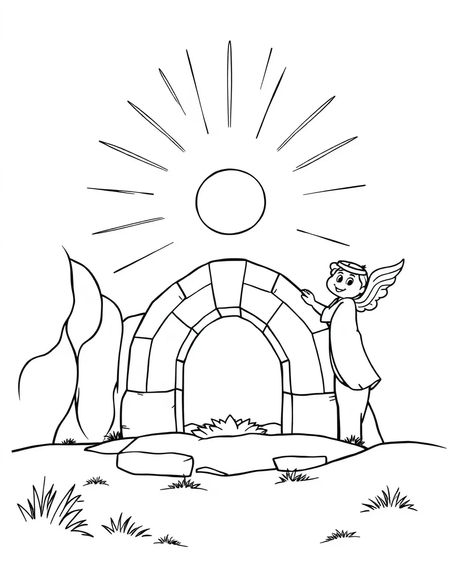 The empty tomb, with the sun rising and a smiling angel.