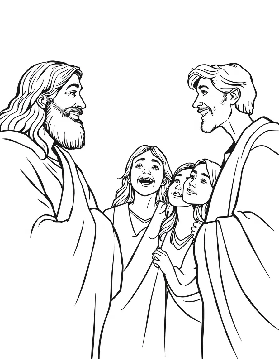 Jesus appearing to disciples, with joy on their faces.