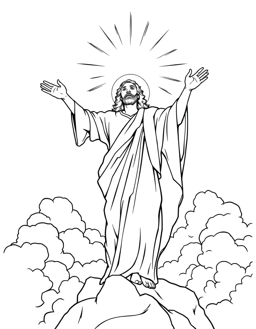 Jesus ascending to heaven, with bright clouds.