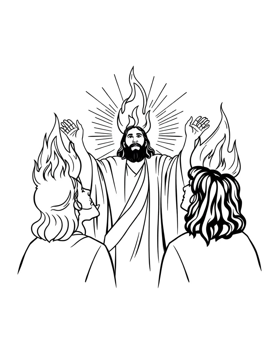 Holy Spirit at Pentecost, with colorful fire on heads.