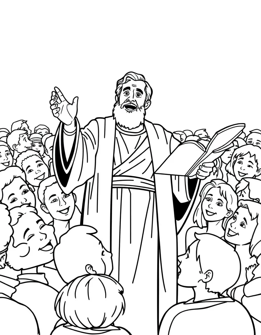 Peter preaching, with many people smiling and listening.