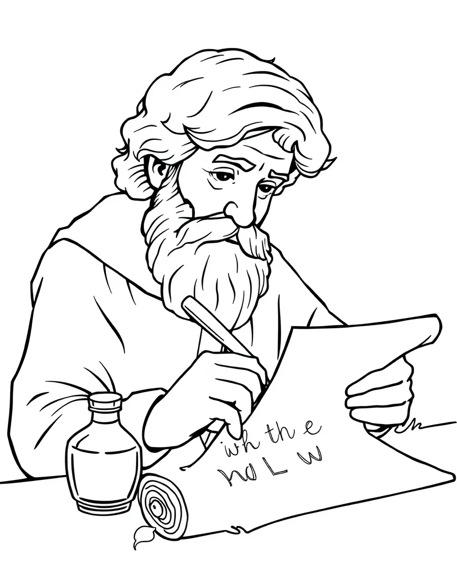 Paul writing letters, with a scroll and ink bottle.