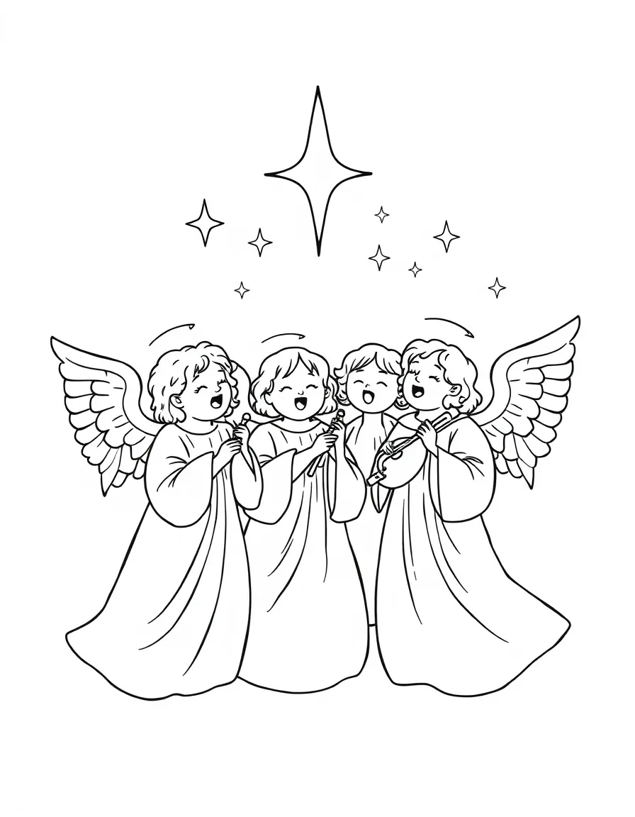 Angels singing praises, with instruments.