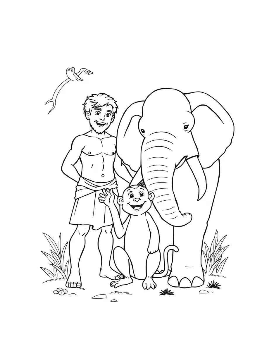 Adam and Eve with a playful monkey and a big elephant.