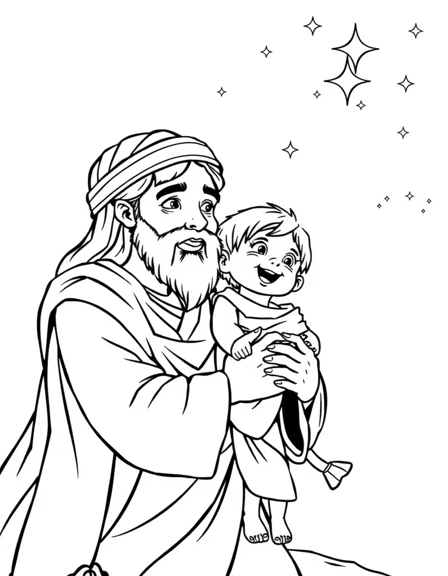 Abraham with a joyful Isaac, looking at the stars.
